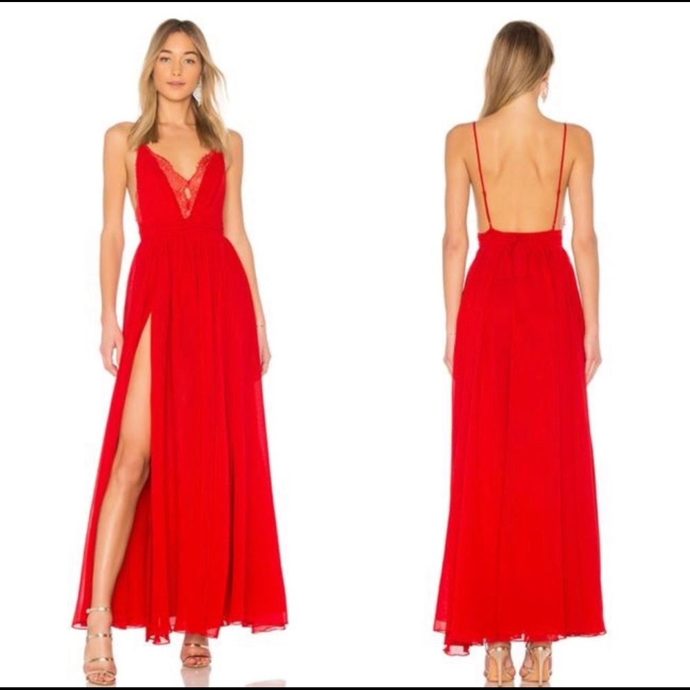 Michael Costello Red Lace-Trim Plunge Chiffon Gown